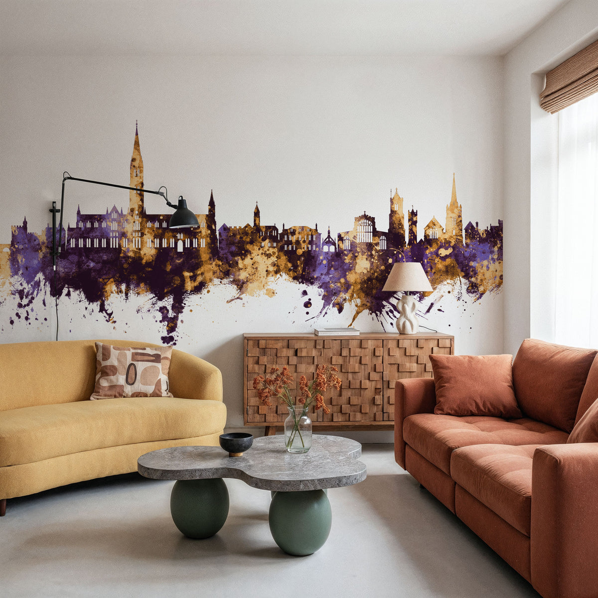 Salisbury England Skyline Purpl & Gold Mural Wallpaper - room preview 03
