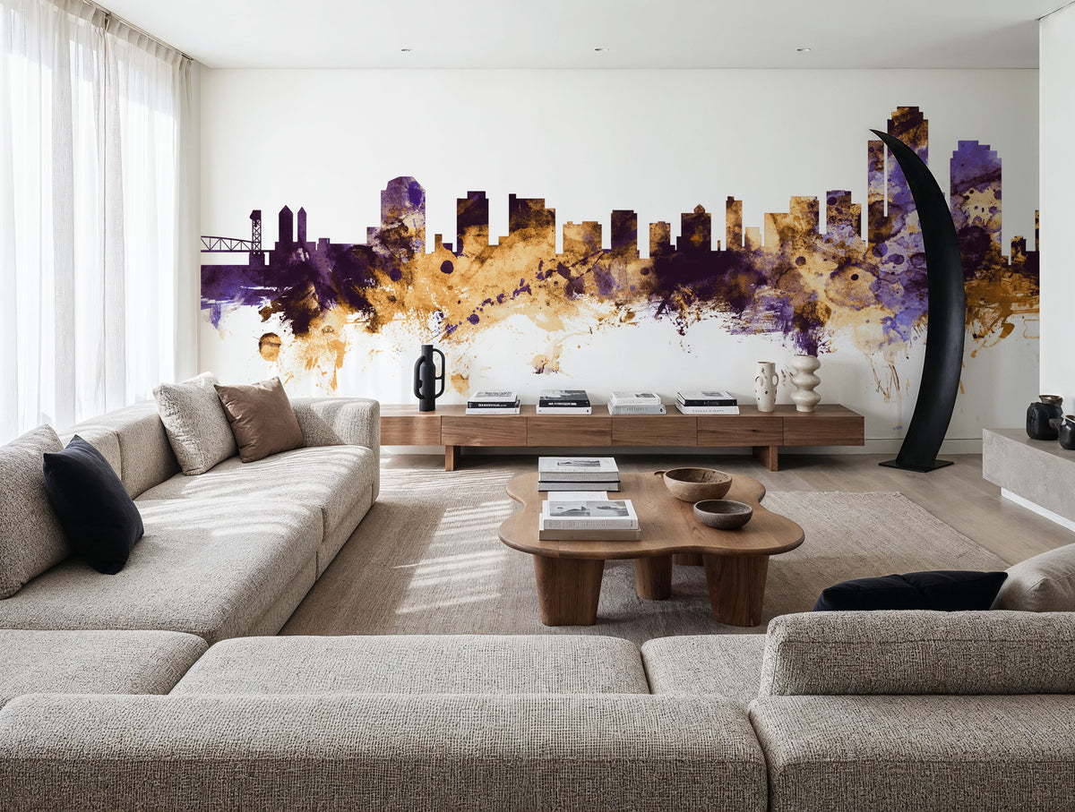 Wilmington Delaware Skyline Purple & Gold Mural Wallpaper - room preview 03