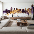 Wilmington Delaware Skyline Purple & Gold Mural Wallpaper - room preview 03