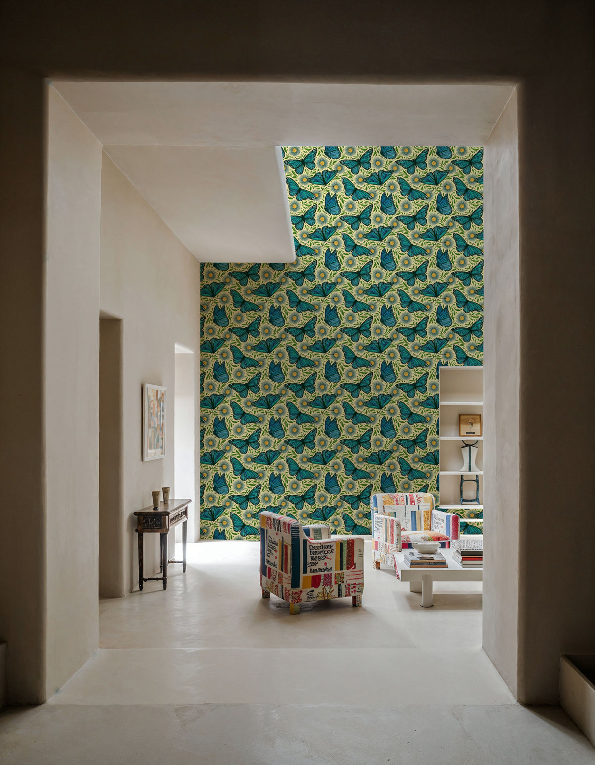 Papillion II, Aqua on Cream Mural Wallpaper - room preview 03