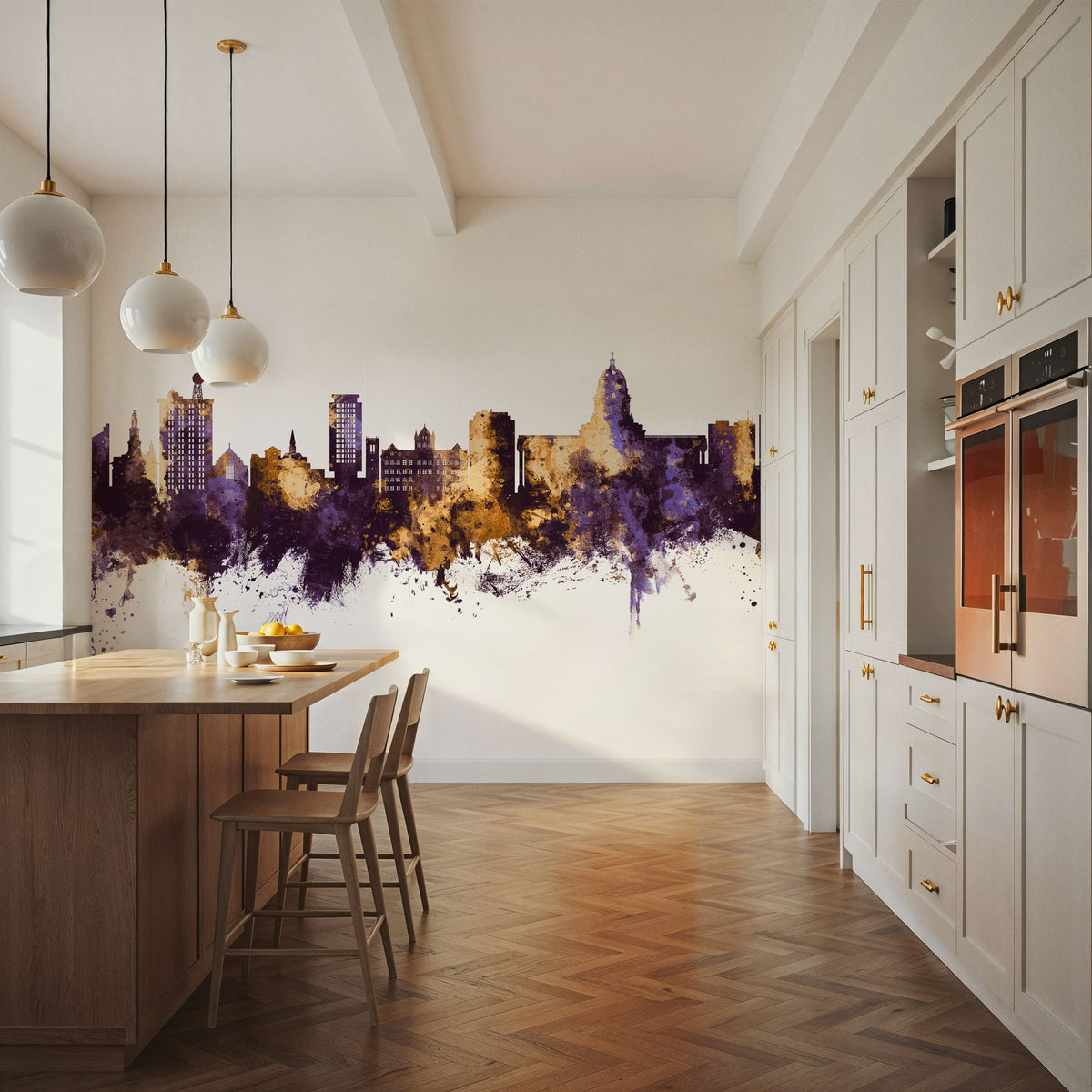 Madison Wisconsin Skyline Purple & Gold Mural Wallpaper - room preview 03