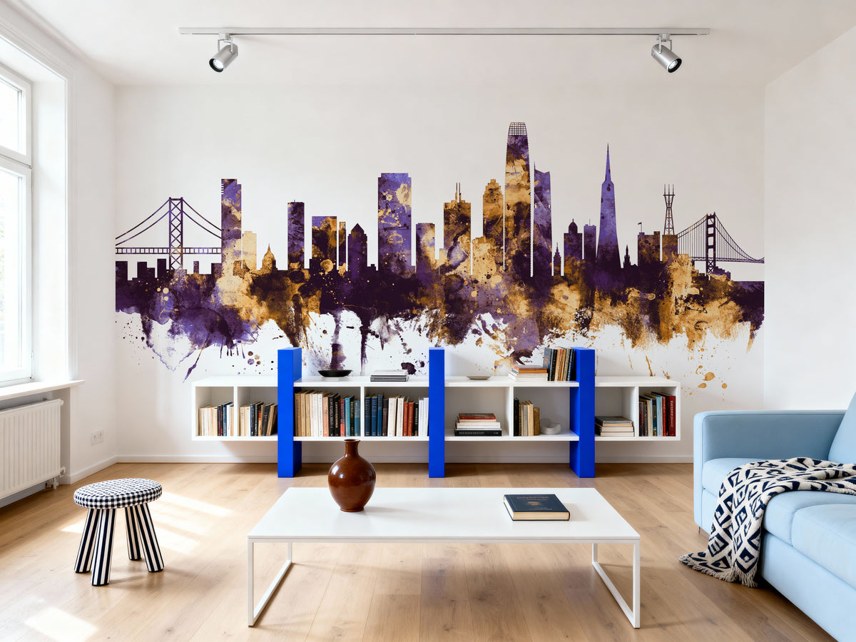 San Francisco Skyline Purple & Gold Mural Wallpaper - room preview 03