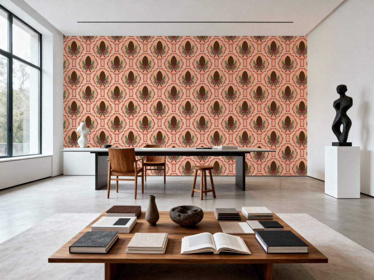 Pine Cone & Ornate Rackets, Peach Mural Wallpaper - room preview 03