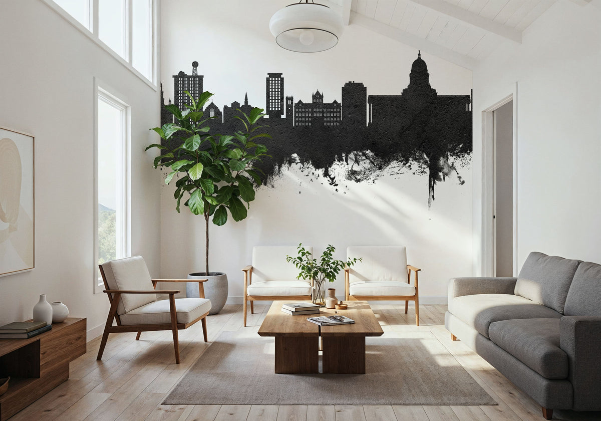 Madison Wisconsin Skyline Black & White Mural Wallpaper - room preview 03