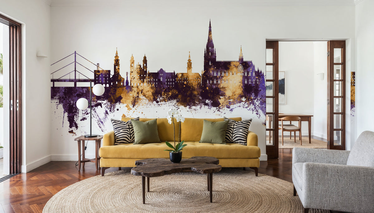 Linz Austria Skyline Purple & Gold Mural Wallpaper - room preview 03