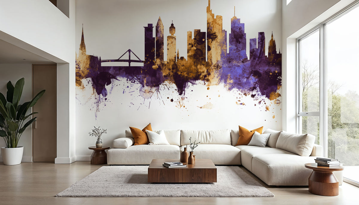 Frankfurt Skyline Purple & Gold Mural Wallpaper - room preview 03