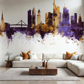 Frankfurt Skyline Purple & Gold Mural Wallpaper - room preview 03