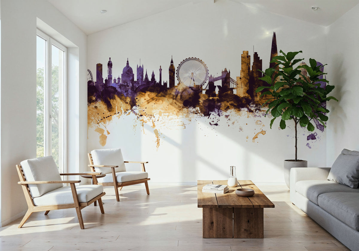 London Skyline Purple & Gold Mural Wallpaper - room preview 03