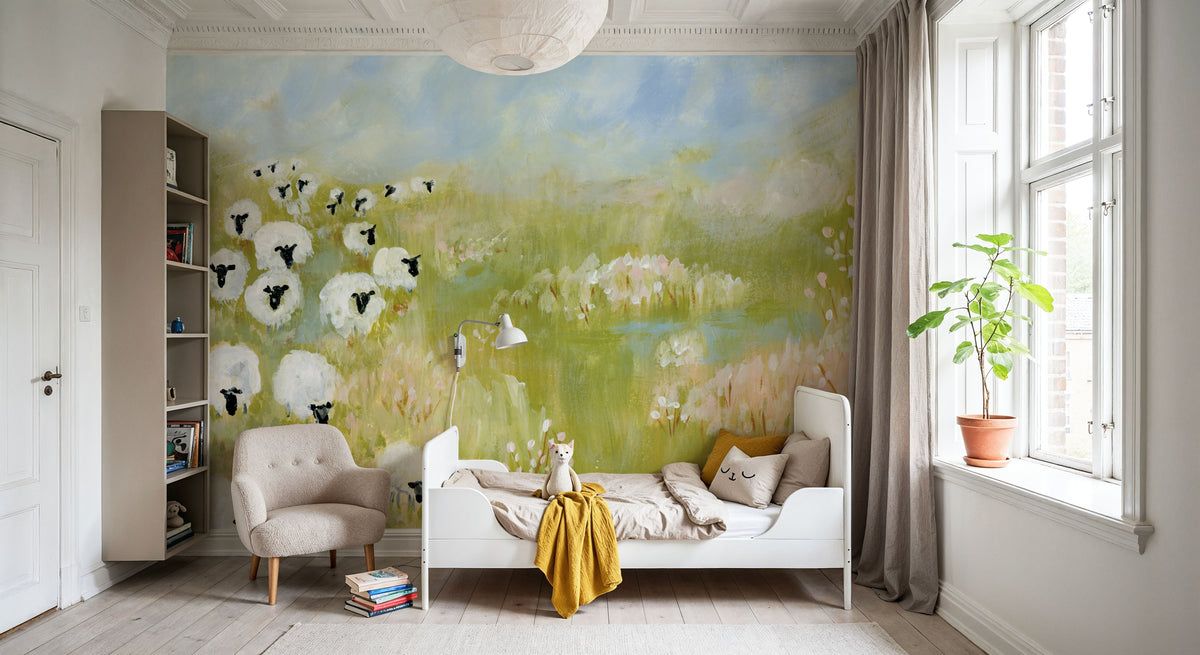 Wildflower Woods Sheep in Pasture Mural Wallpaper - room preview 03