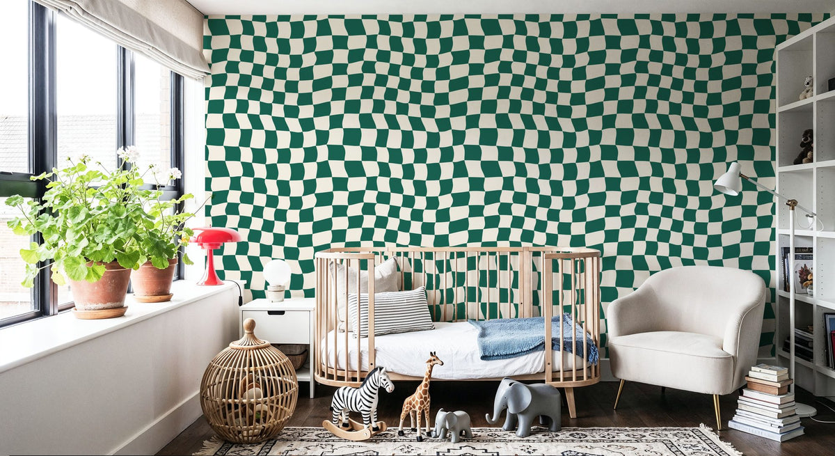 Warped Checkerboard, Forest Green Mural Wallpaper - room preview 03
