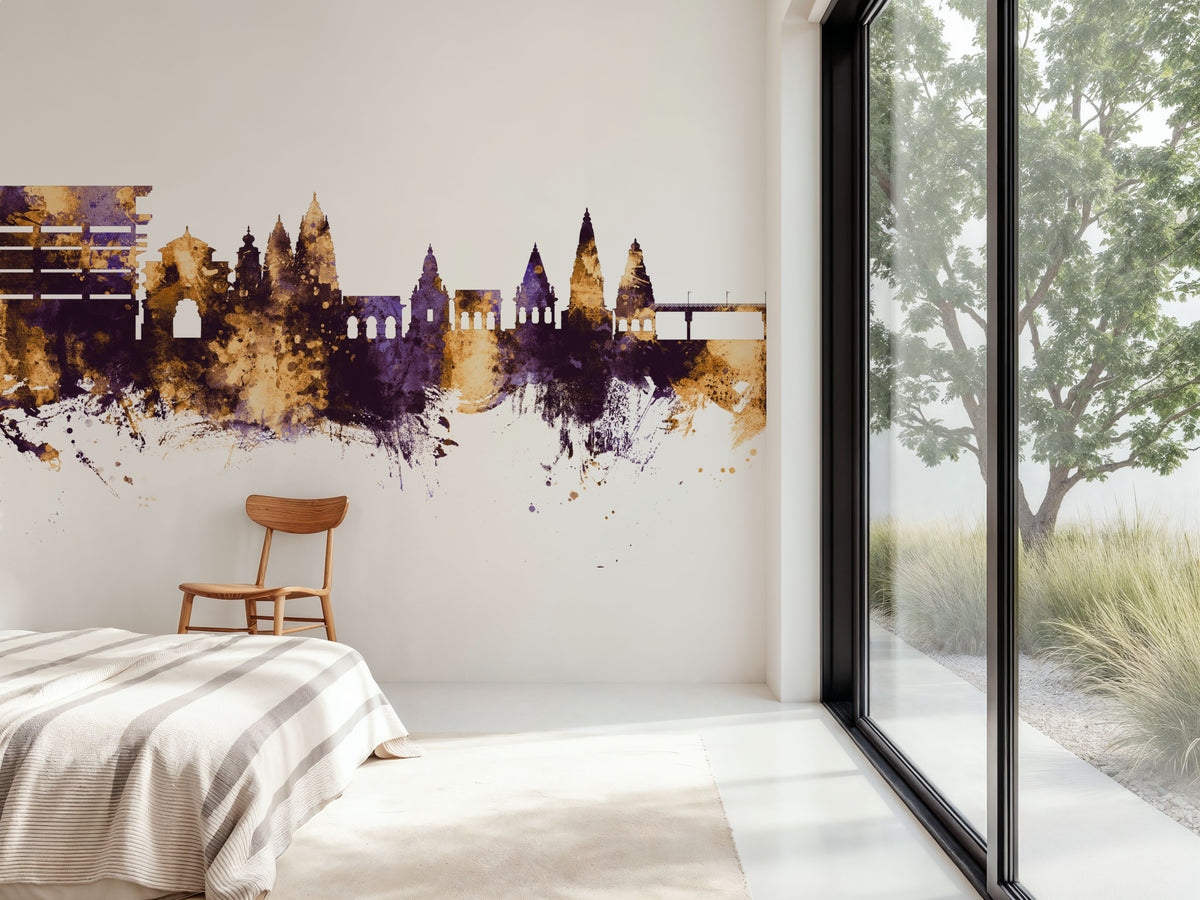 Pandharpur India Skyline Purple & Gold Mural Wallpaper - room preview 03