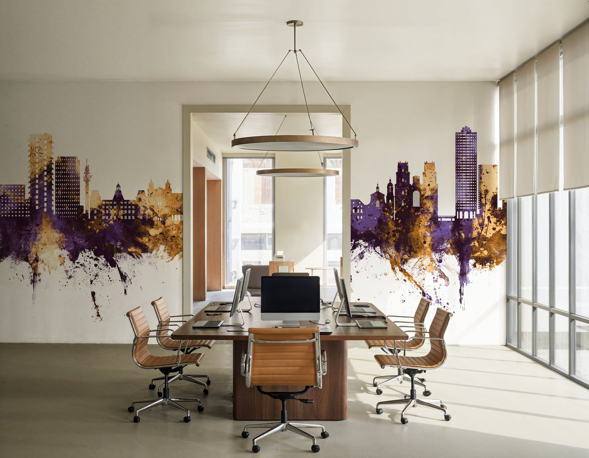 Rennes France Skyline Purple & Gold Mural Wallpaper - room preview 03