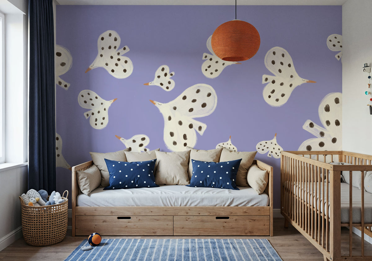 Birds Flying High, Periwinkle Mural Wallpaper - room preview 03