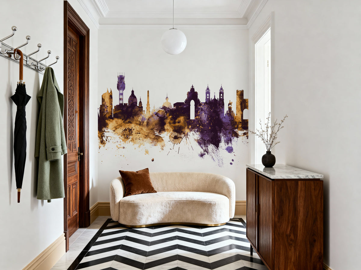 Lisbon Portugal Skyline Purple & Gold Mural Wallpaper - room preview 03