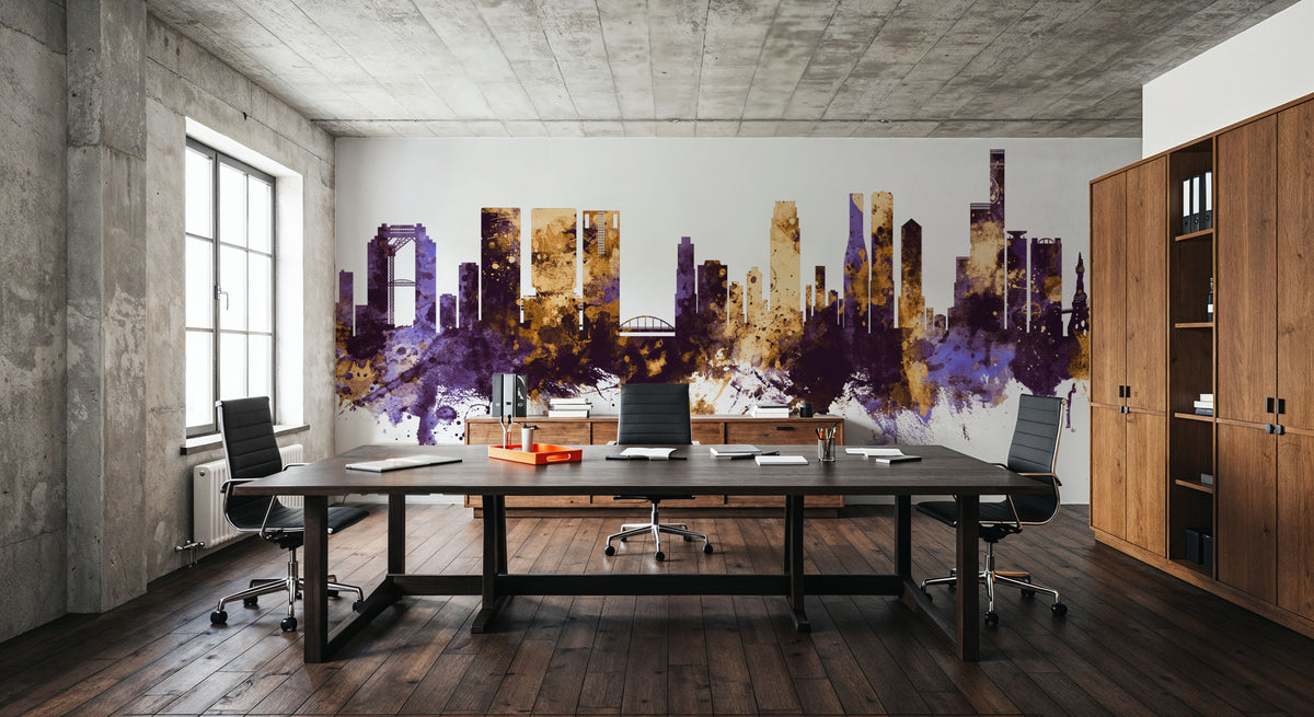 Osaka Skyline Purple & Gold Mural Wallpaper - room preview 03