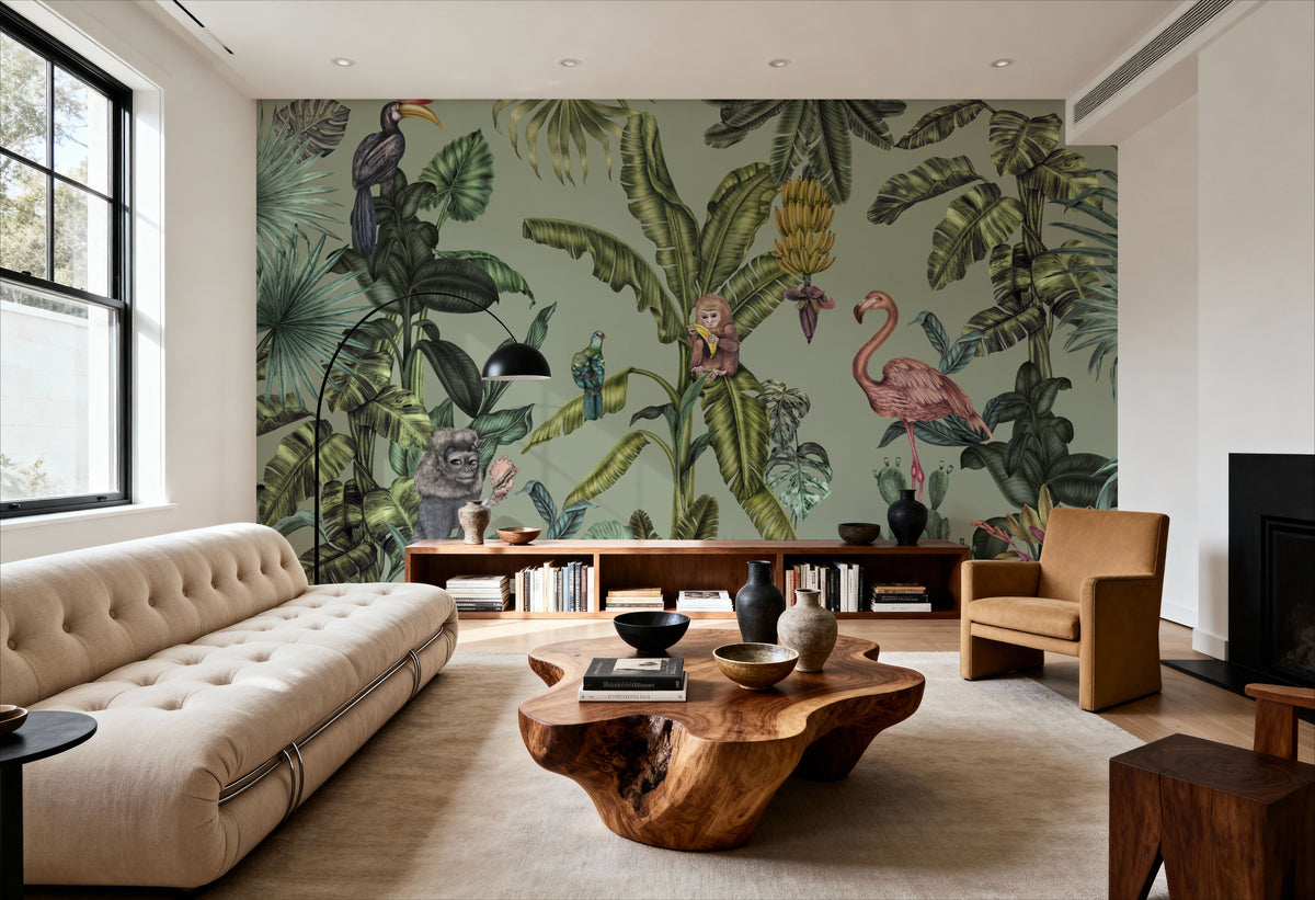 Monkeys with Birds, Pistachio Mural Wallpaper - room preview 03