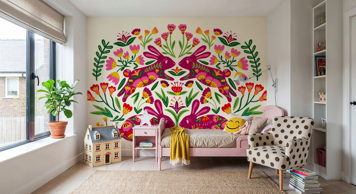Otomi Rabbits & Flowers Mural Wallpaper - room preview 03
