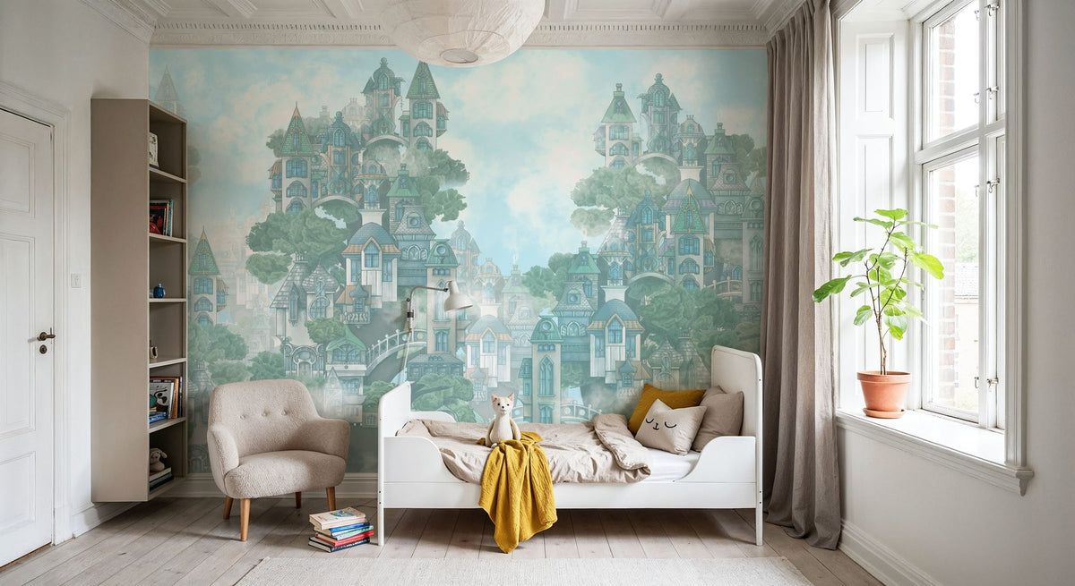 Treehouse Neighborhood Cool Pastel Mural Wallpaper - room preview 03