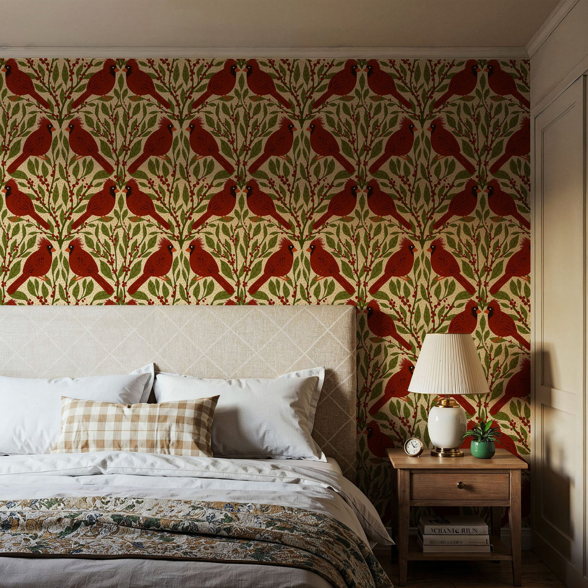 Cardinals & Winterberries, Vintage Mural Wallpaper - room preview 03