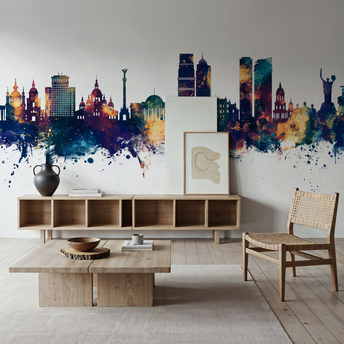 Kyiv Ukraine Skyline Blue & Bronze Mural Wallpaper - room preview 03