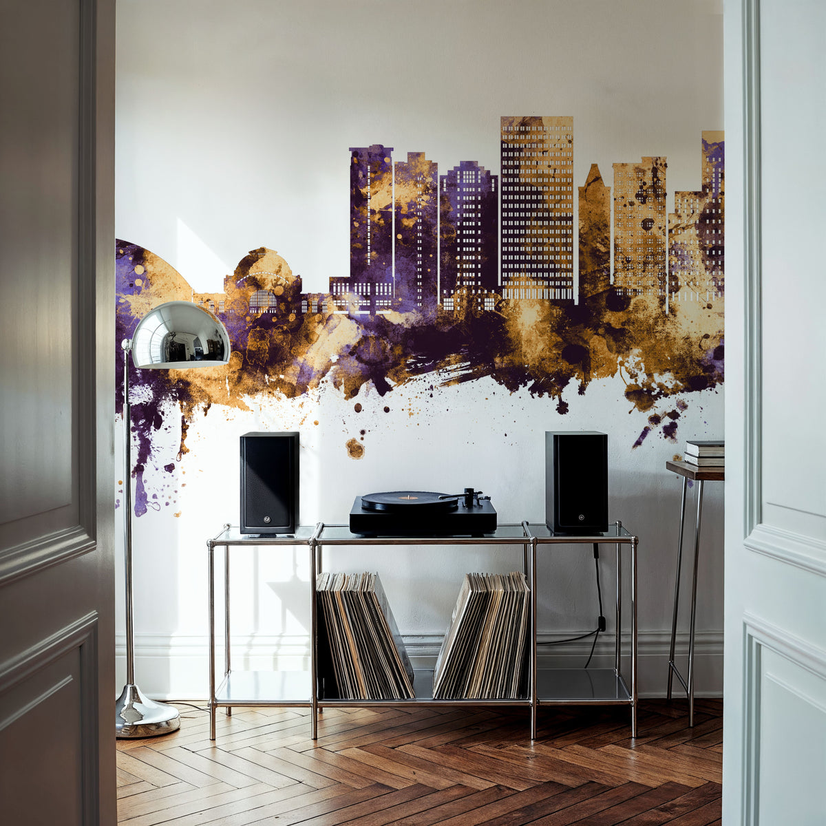 Tacoma Washington Skyline Purple & Gold Mural Wallpaper - room preview 03