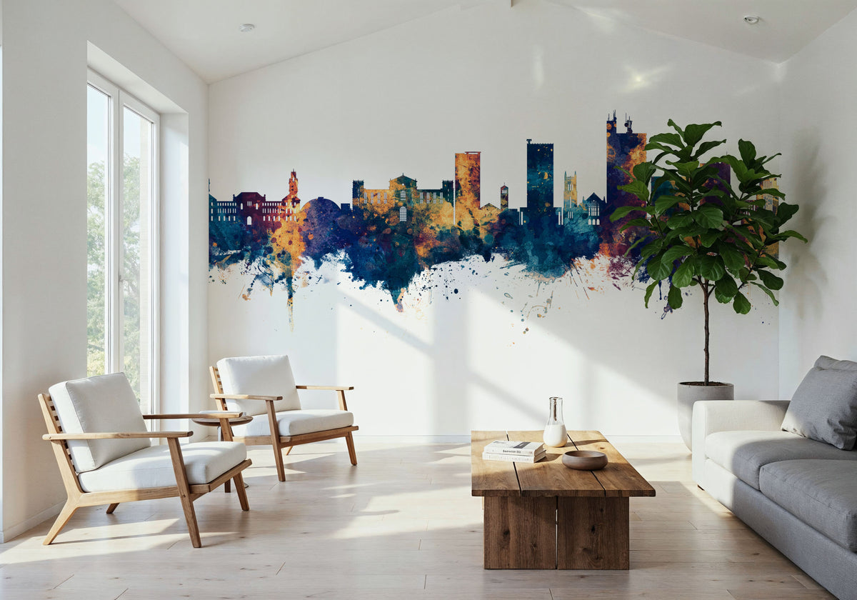 Lubbock Texas Skyline Blue & Bronze Mural Wallpaper - room preview 03