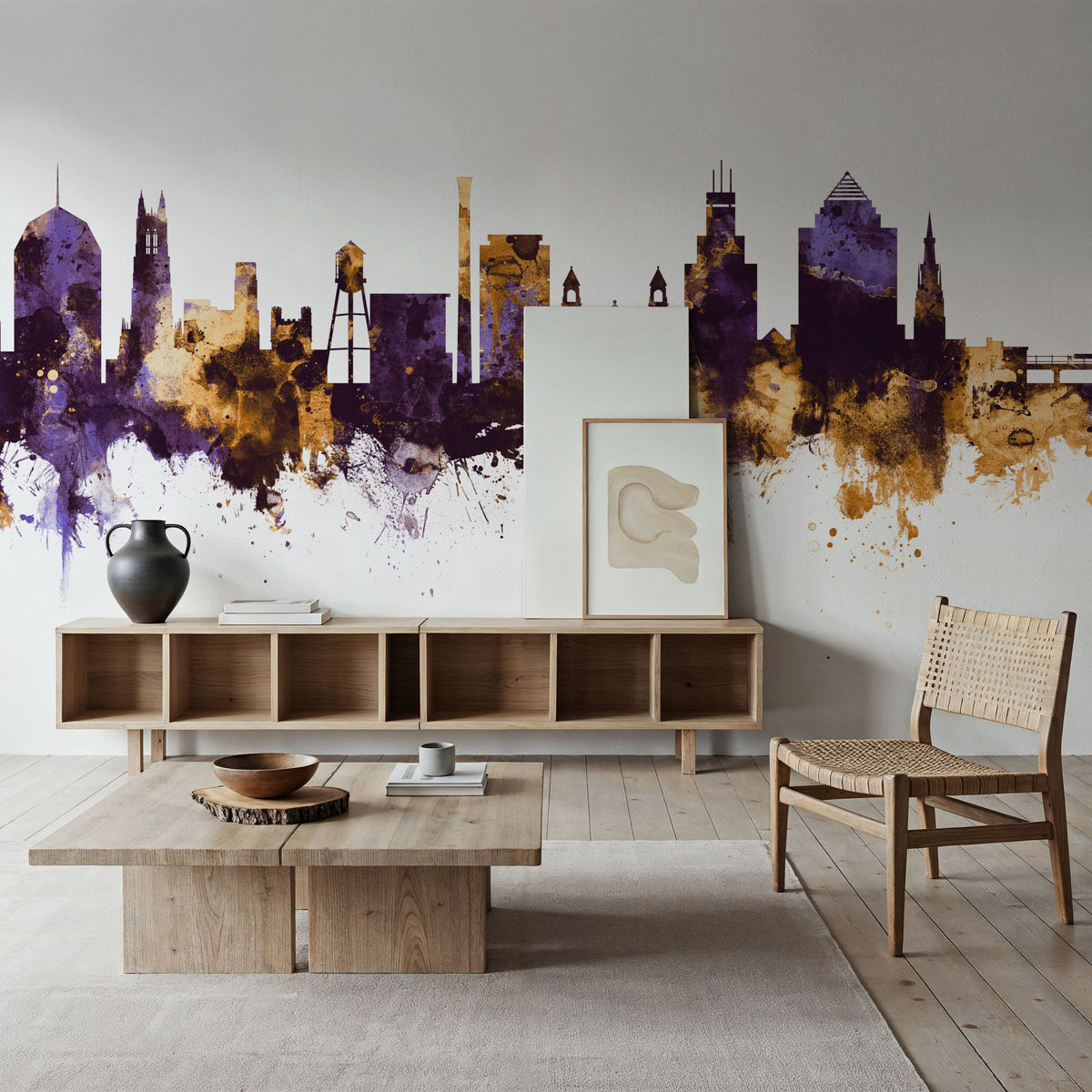 Durham North Carolina Skyline Purple & Gold Mural Wallpaper - room preview 03