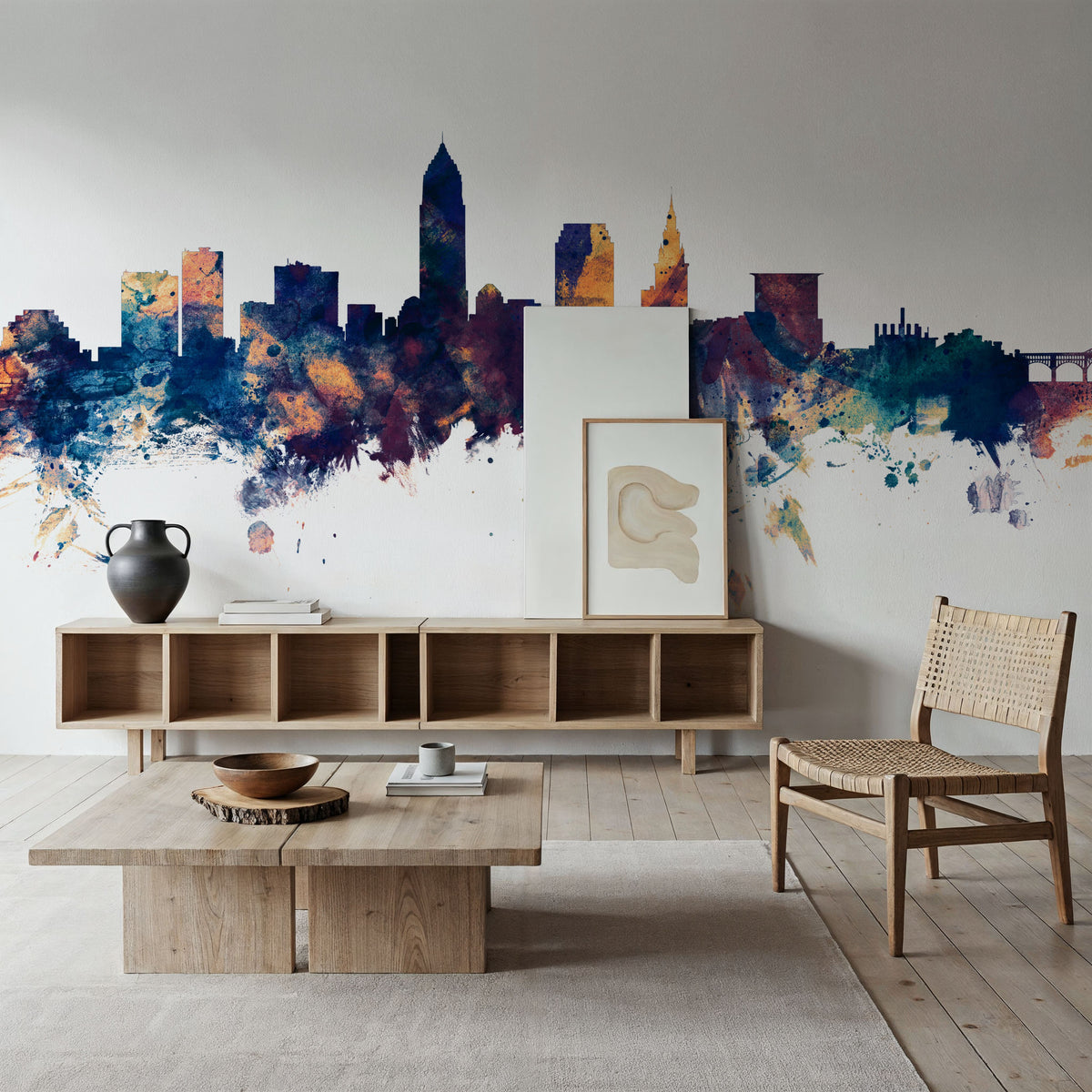Cleveland Ohio Skyline Blue & Bronze Mural Wallpaper - room preview 03