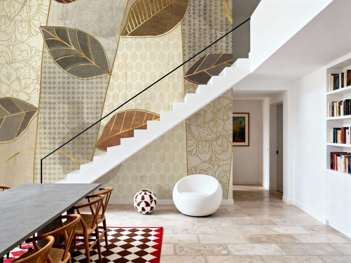 Bohemian Leaves I Neutral Mural Wallpaper - room preview 03