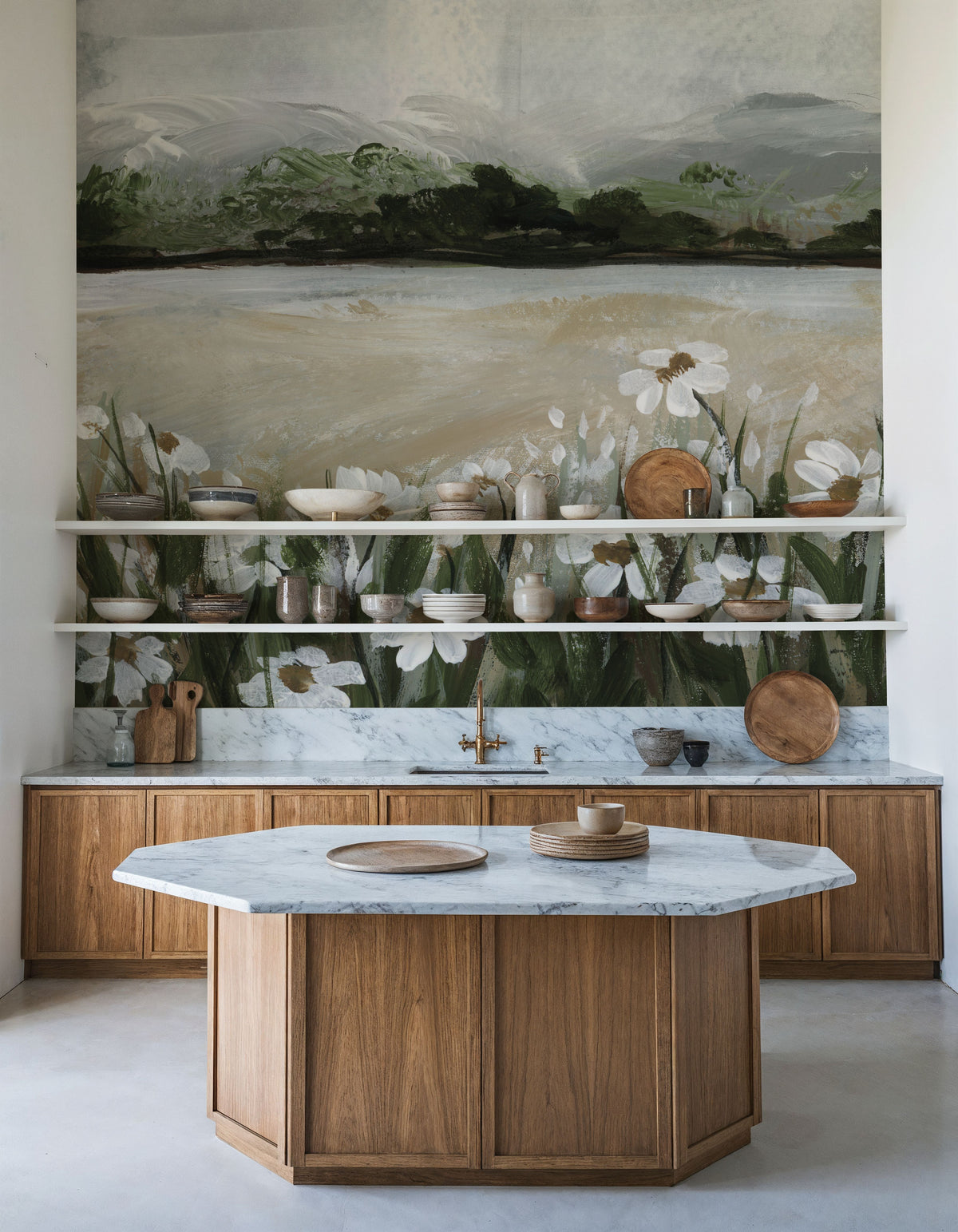 Wildflowers Among the Landscape Mural Wallpaper - Neutral Tone - room preview 03