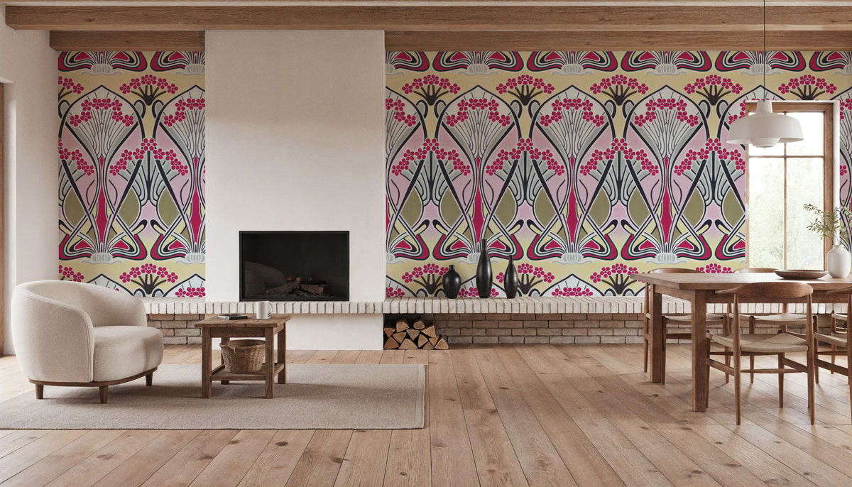 Floral Art Deco Aura, Pink Pop Mural Wallpaper - room preview 03