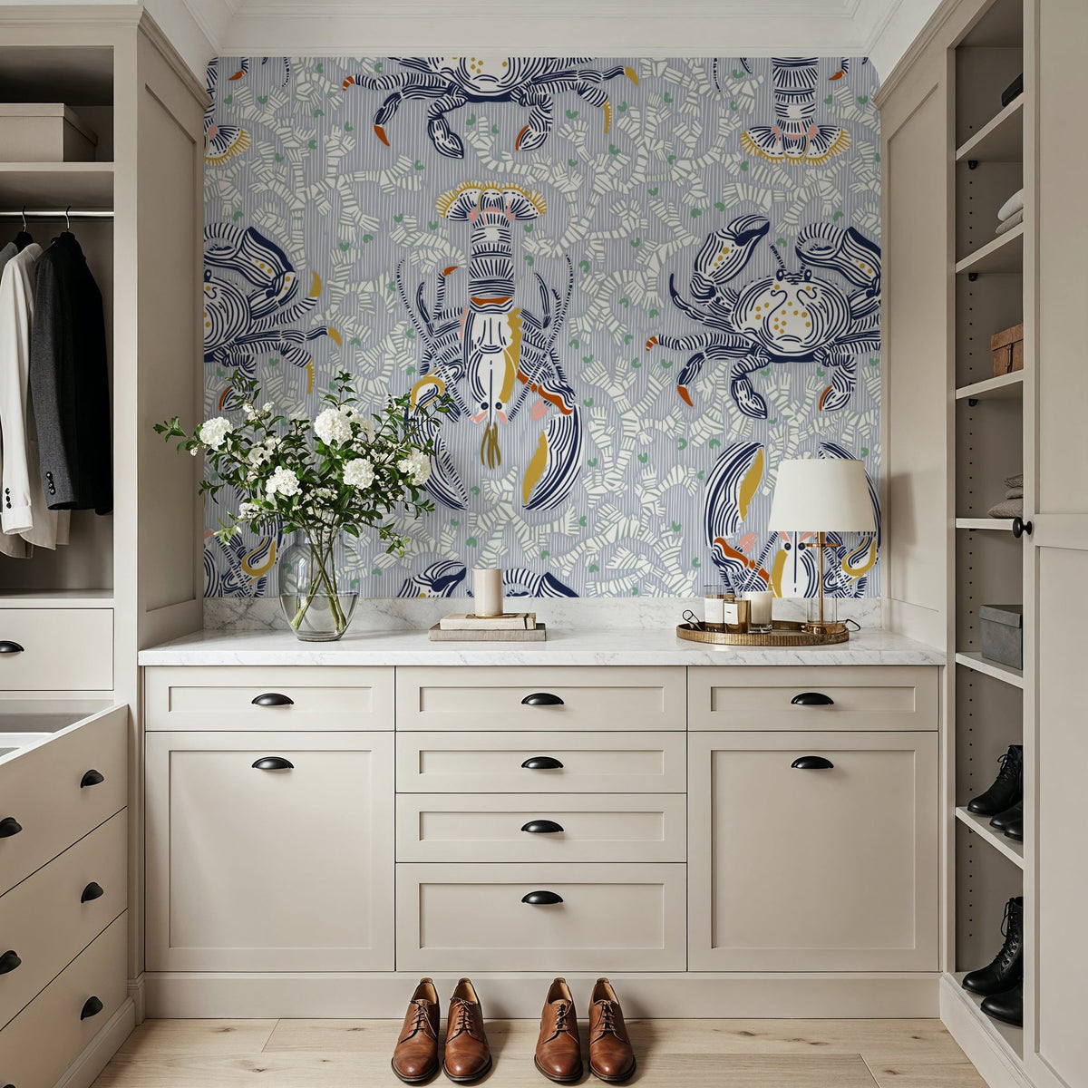 Lobster and Crab Coastal Nostalgia, Grey Mural Wallpaper - room preview 03