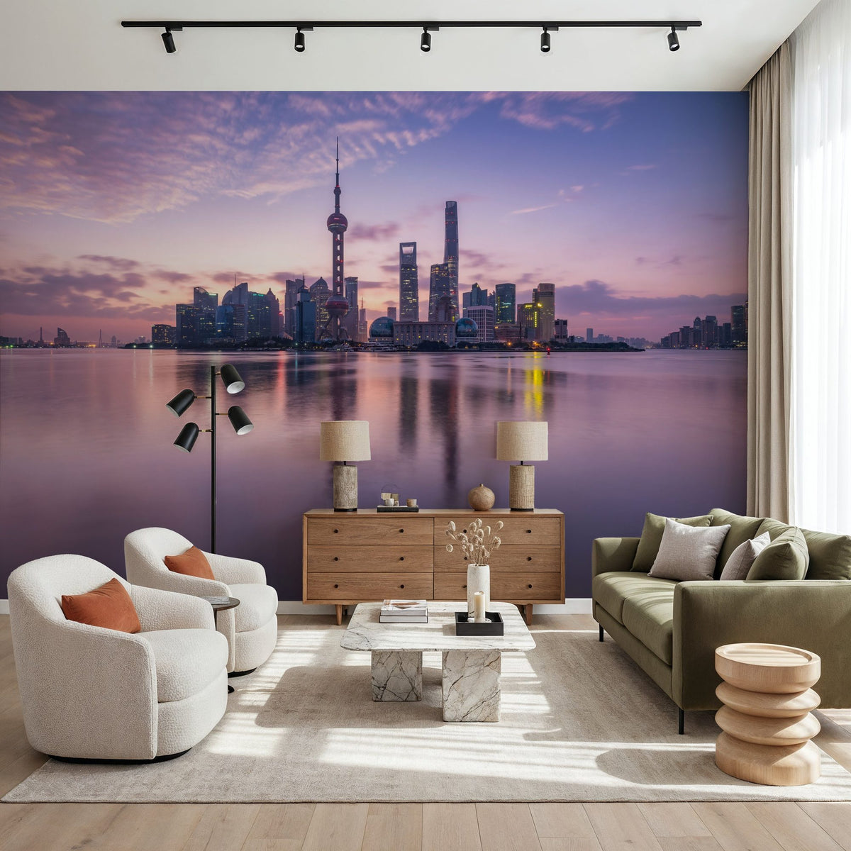 Pudong Sunrise Pink Mural Wallpaper - room preview 03