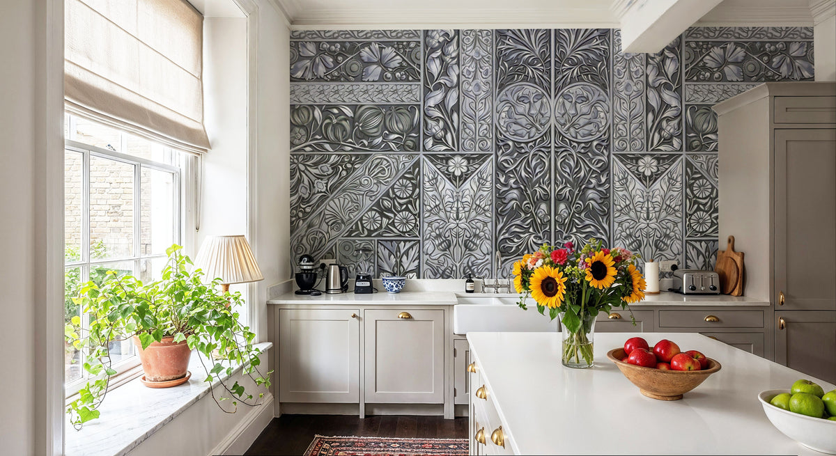 Flower Collection, Green & Blue Mural Wallpaper - room preview 03