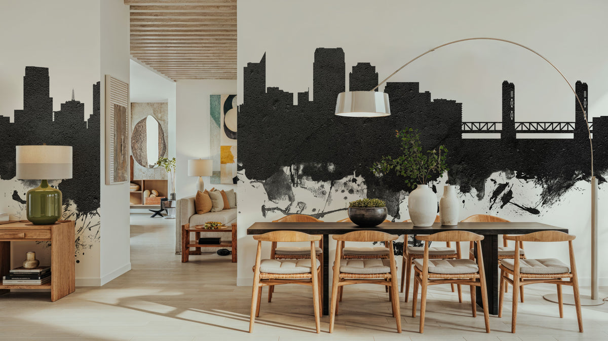 Sacramento California Skyline Black & White Mural Wallpaper - room preview 03