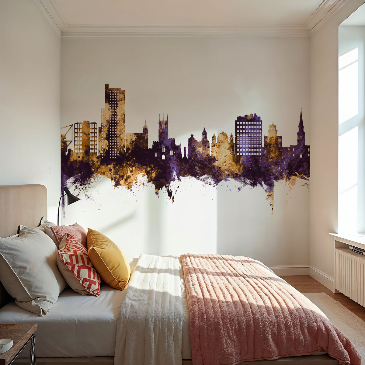 Wolverhampton England Skyline Purple & Gold Mural Wallpaper - room preview 03