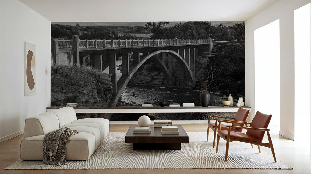 Lundbreck Falls Bridge BW Mural Wallpaper - room preview 03