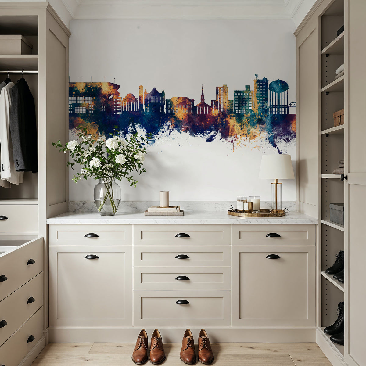 Tuscaloosa Alabama Skyline Blue & Bronze Mural Wallpaper - room preview 03