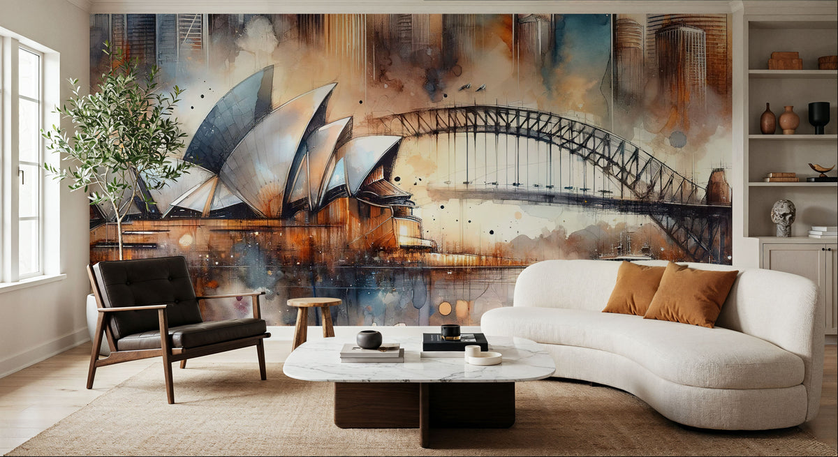 Watercolor Skyline Sydney Mural Wallpaper - room preview 03