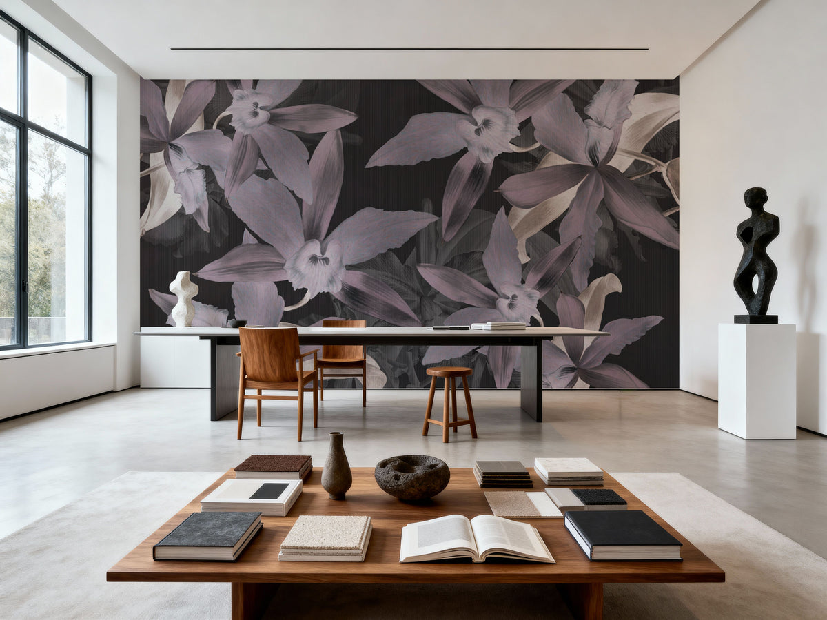 Big Orchids Dark Purple Mural Wallpaper - room preview 03