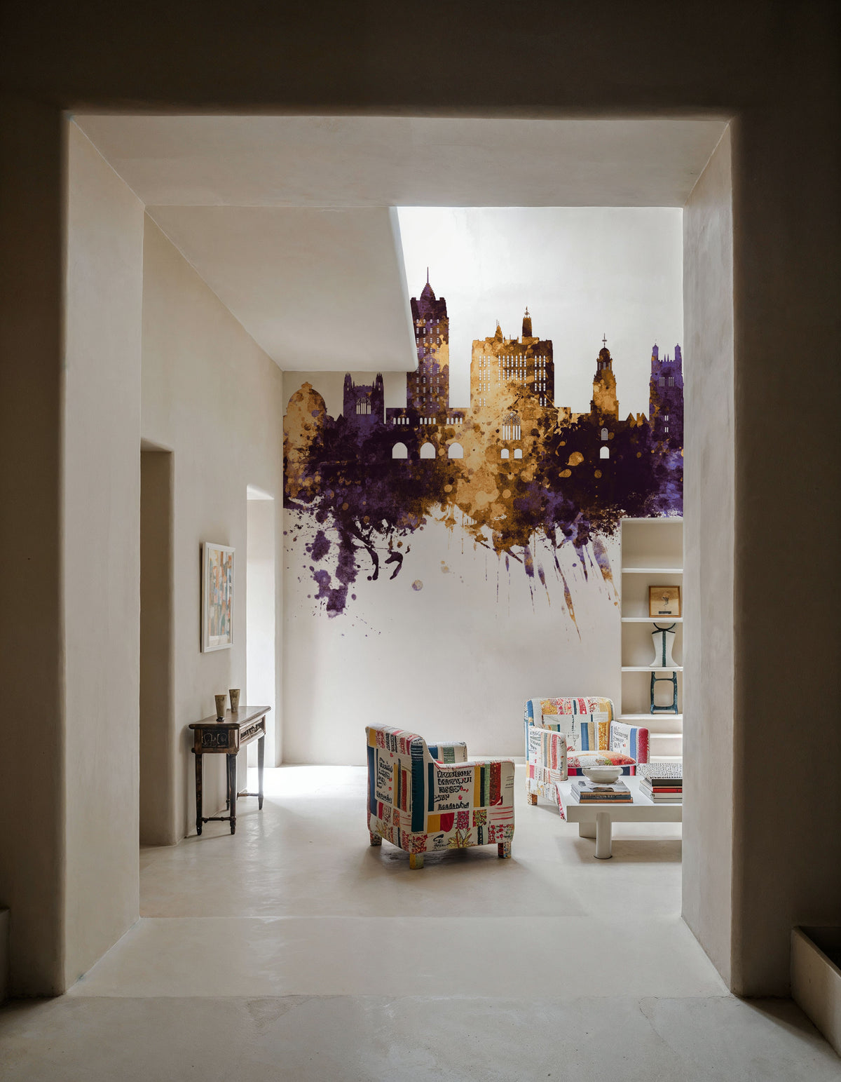 New Haven Connecticut Skyline Purlpe & Gold Mural Wallpaper - room preview 03