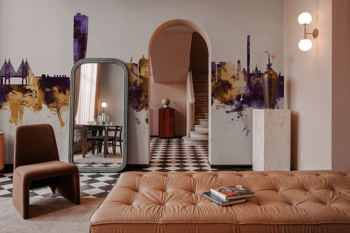 Malmö Sweden Skyline Purple & Gold Mural Wallpaper - room preview 03