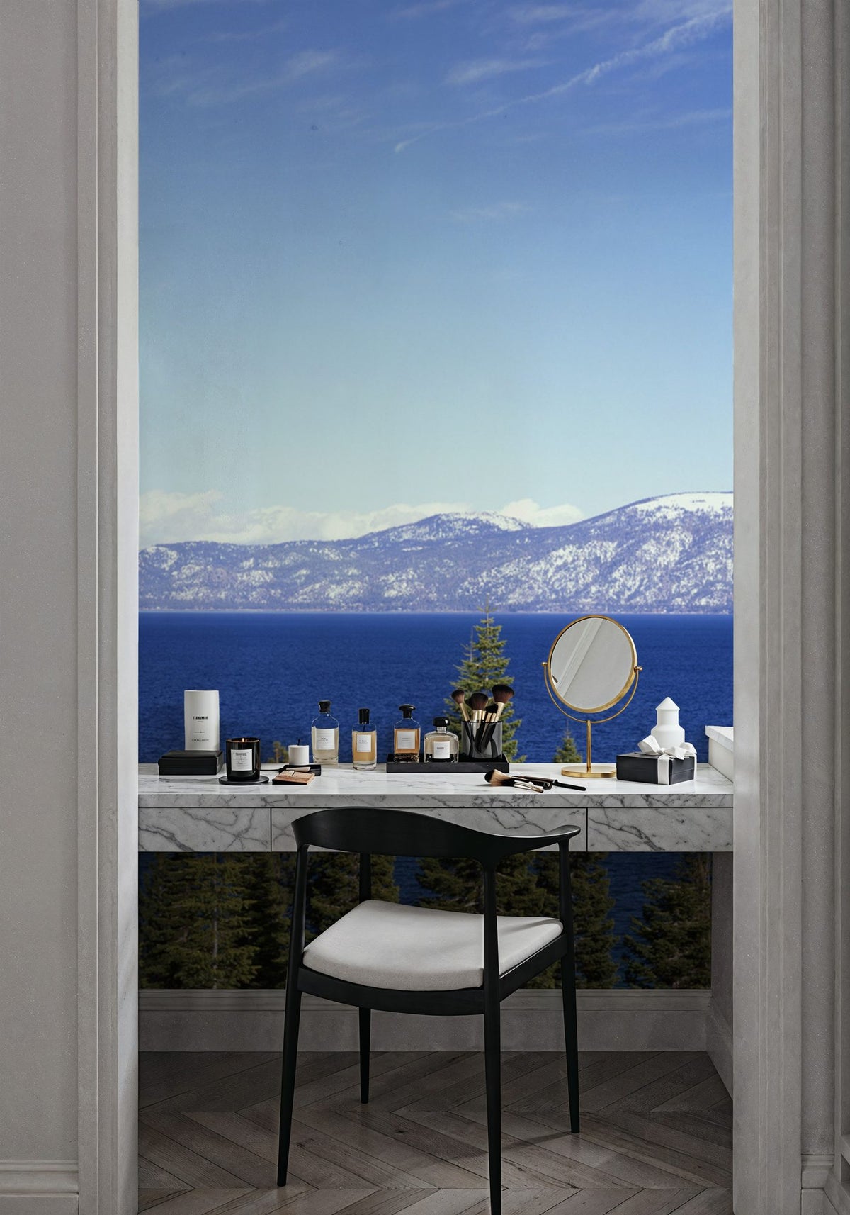Mountain Lake Reflection Blue Mural Wallpaper - room preview 03