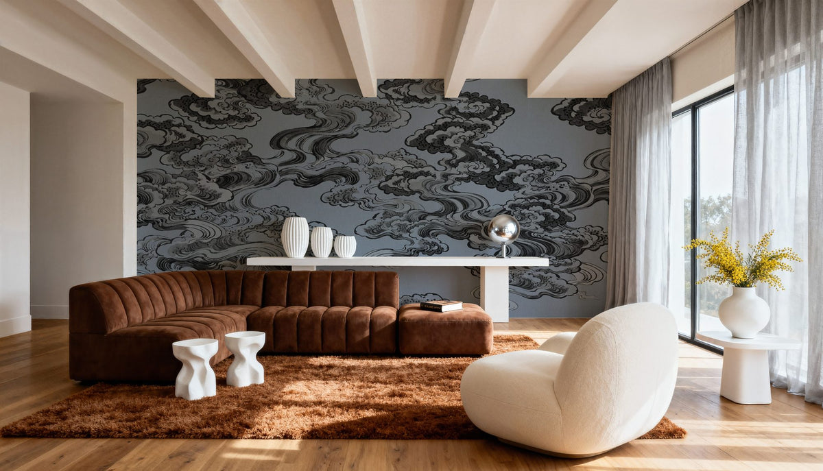 Ukiyo-e Clouds, Denim Blue Mural Wallpaper - room preview 03
