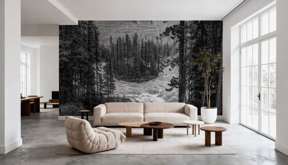 Sunwapta Falls BW Mural Wallpaper - room preview 03