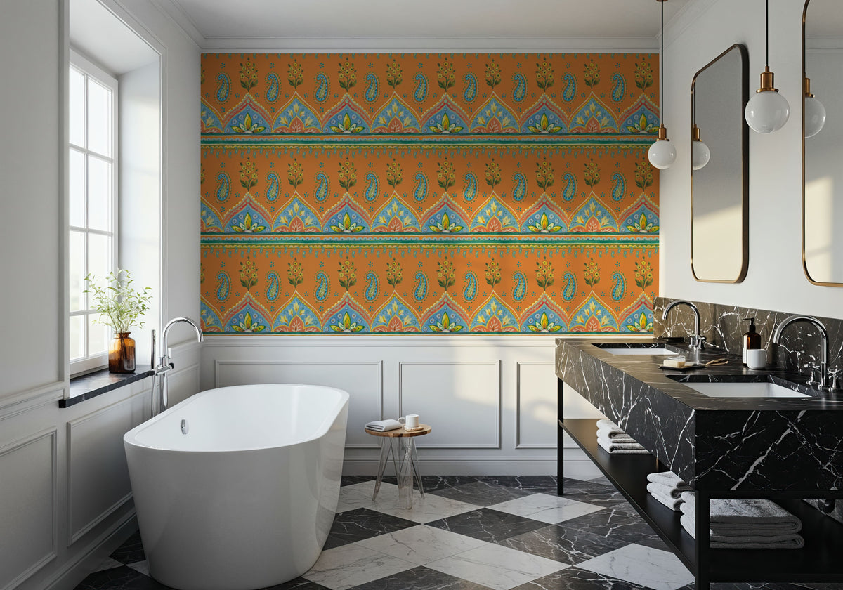 Floral Paisley Orange Mural Wallpaper - room preview 03