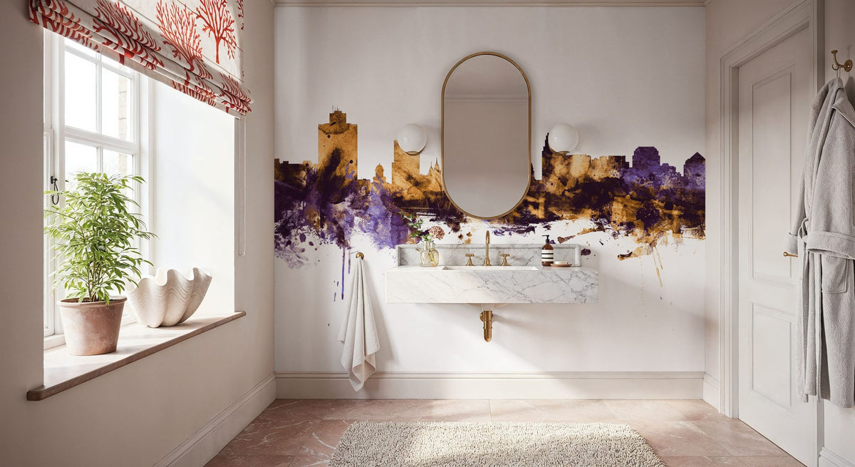 Salt Lake City Utah Skyline Purple & Gold Mural Wallpaper - room preview 03