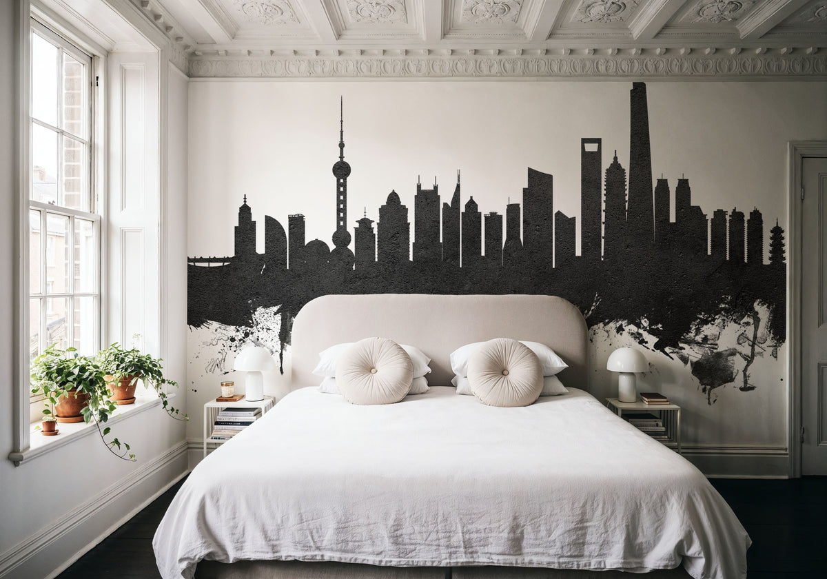 Shanghai China Skyline Black & White Mural Wallpaper - room preview 03