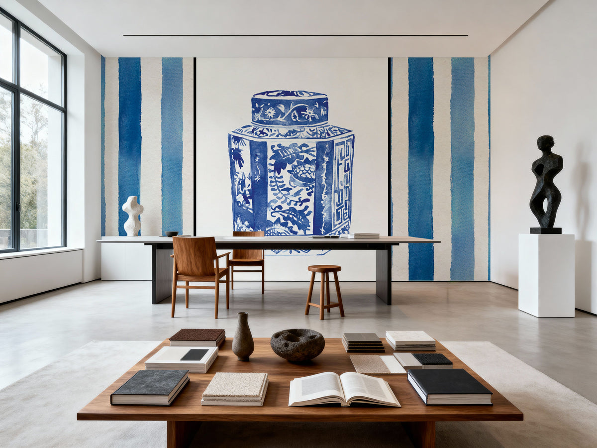 Chinoiserie Vase I Stripes Mural Wallpaper - room preview 03