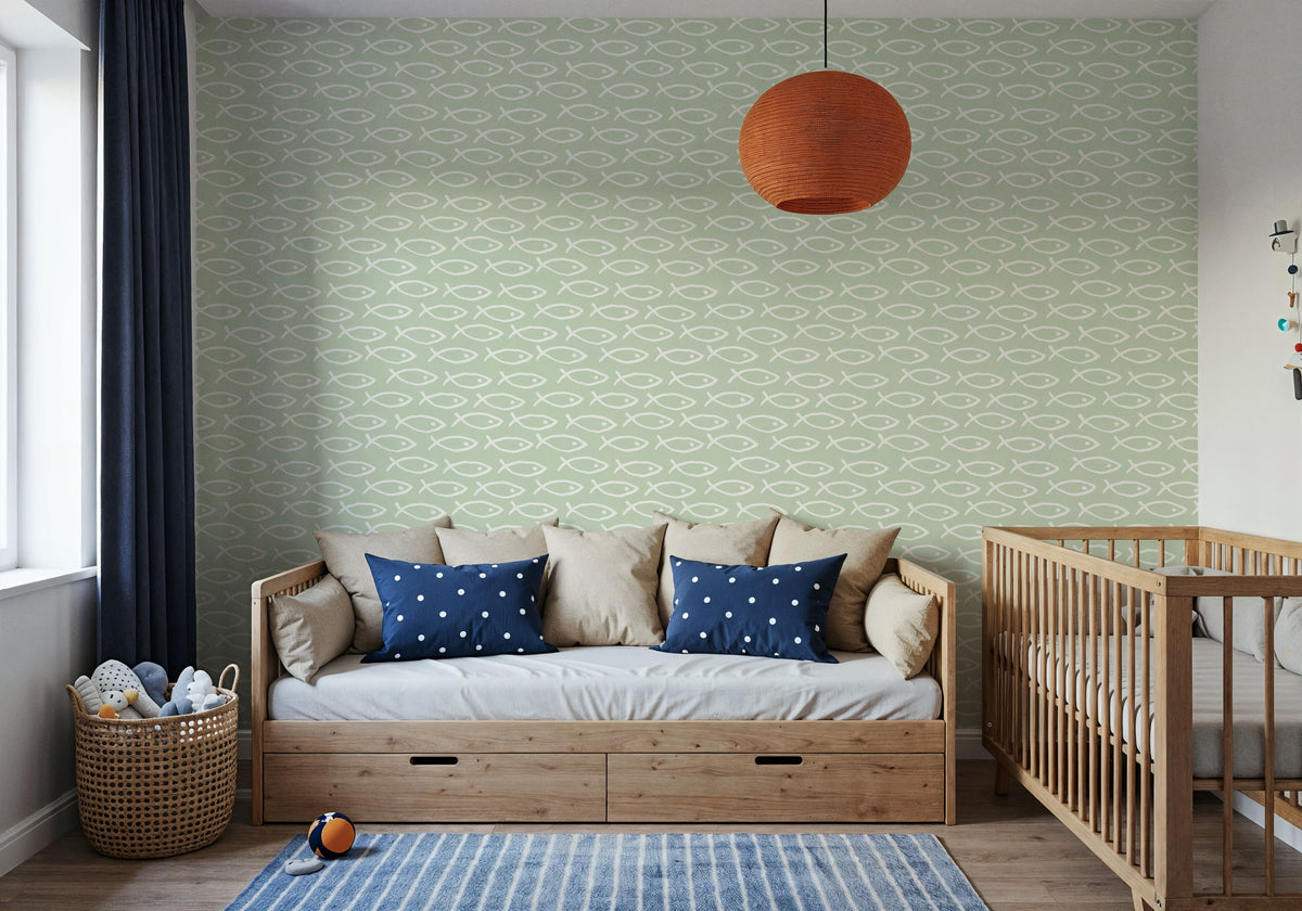 Seaside Fish Green Mural Wallpaper - room preview 03
